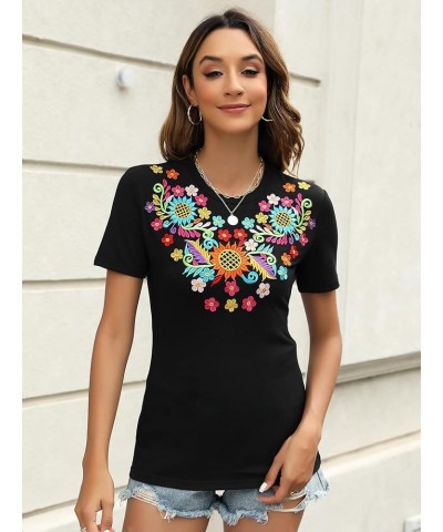 Mexican Shirts for Women Embroidered Tops Traditional Summer Blouse Women's Floral Tunic Round Neck Short Sleeve 692black $19...