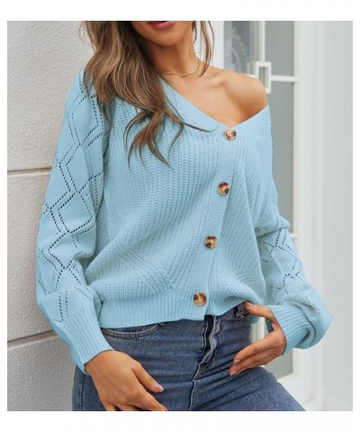 Women's V-Neck Cropped Knit Cardigan Sweater Casual Open Front Long Sleeve Shrugs Tops Button Down Light Blue $12.65 Sweaters