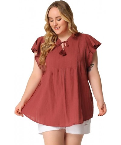 Women Plus Size Tops V Neck Drawstring Tassel Self Tie Flutter Short Sleeve Blouses Flowy 2024 Tops Brick Red $13.86 Tops