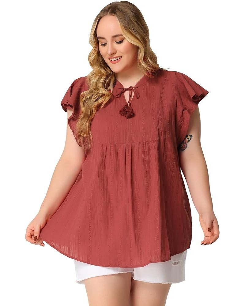 Women Plus Size Tops V Neck Drawstring Tassel Self Tie Flutter Short Sleeve Blouses Flowy 2024 Tops Brick Red $13.86 Tops