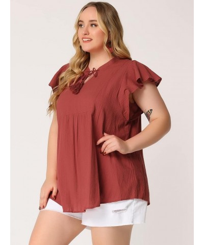 Women Plus Size Tops V Neck Drawstring Tassel Self Tie Flutter Short Sleeve Blouses Flowy 2024 Tops Brick Red $13.86 Tops