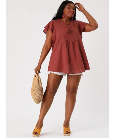 Women Plus Size Tops V Neck Drawstring Tassel Self Tie Flutter Short Sleeve Blouses Flowy 2024 Tops Brick Red $13.86 Tops