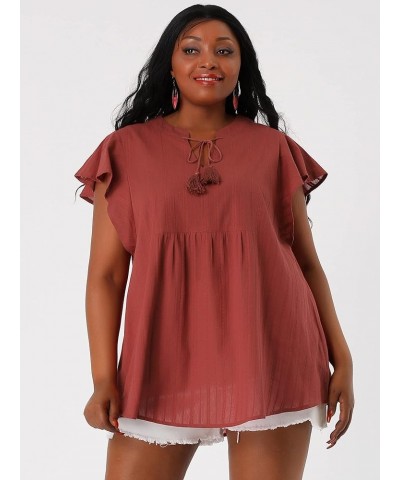 Women Plus Size Tops V Neck Drawstring Tassel Self Tie Flutter Short Sleeve Blouses Flowy 2024 Tops Brick Red $13.86 Tops