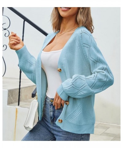 Women's V-Neck Cropped Knit Cardigan Sweater Casual Open Front Long Sleeve Shrugs Tops Button Down Light Blue $12.65 Sweaters