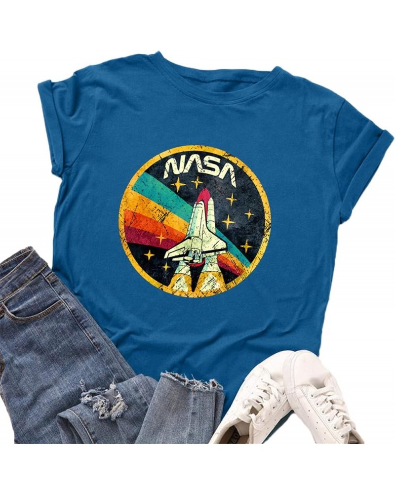 Women Vintage Space Shuttle Graphic T-Shirt NASA Letter Print Shirt Casual Tee Tops Royal Blue $8.83 T-Shirts