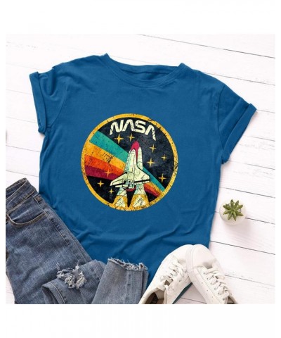 Women Vintage Space Shuttle Graphic T-Shirt NASA Letter Print Shirt Casual Tee Tops Royal Blue $8.83 T-Shirts