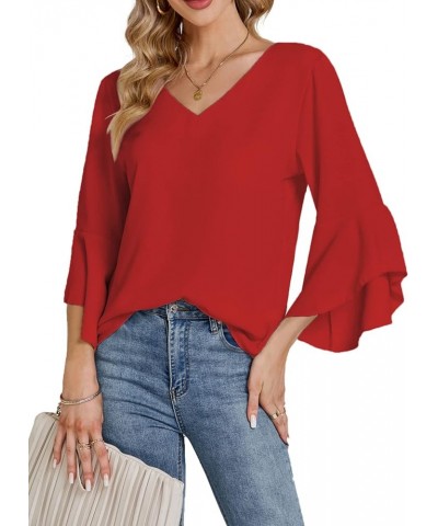 Women's Casual V Neck Ruffle Bell Half Sleeve Blouse Shirt Tunic Top Red $17.62 Blouses