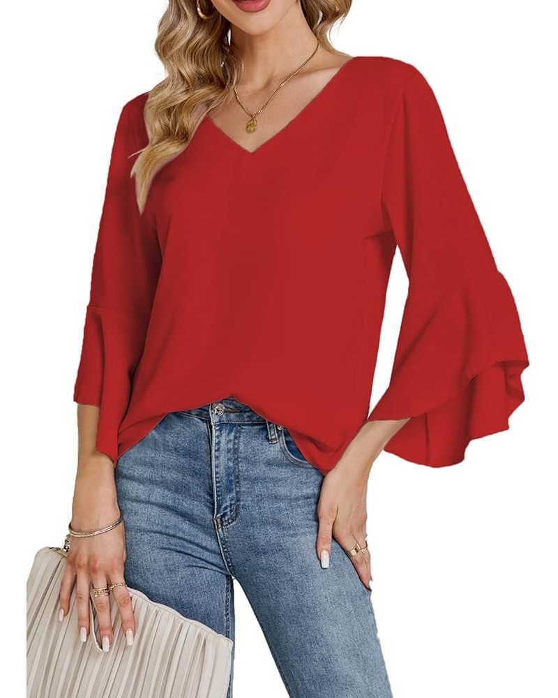 Women's Casual V Neck Ruffle Bell Half Sleeve Blouse Shirt Tunic Top Red $17.62 Blouses