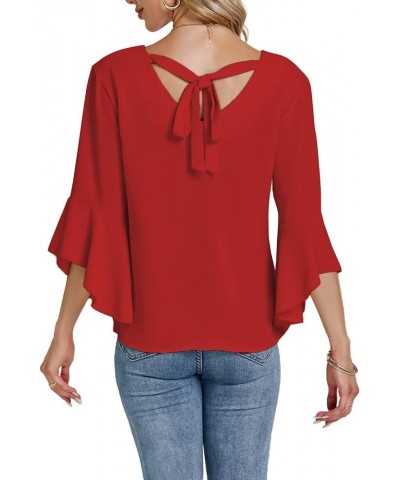 Women's Casual V Neck Ruffle Bell Half Sleeve Blouse Shirt Tunic Top Red $17.62 Blouses