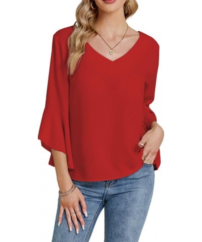 Women's Casual V Neck Ruffle Bell Half Sleeve Blouse Shirt Tunic Top Red $17.62 Blouses