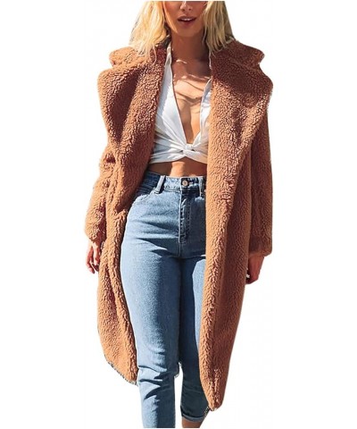 Women's Fuzzy Fleece Lapel Coats Winter Open Front Long Cardigan Faux Fur Warm Teddy Coat Solid Plush Jacket Outerwear Khaki ...