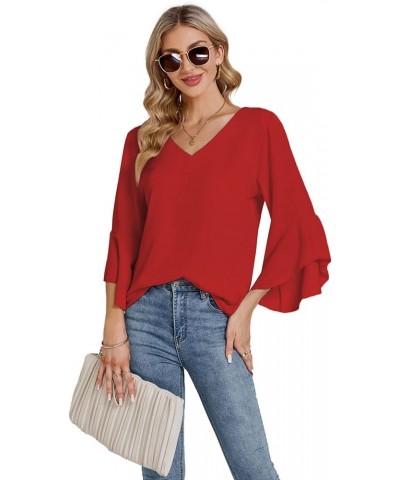 Women's Casual V Neck Ruffle Bell Half Sleeve Blouse Shirt Tunic Top Red $17.62 Blouses