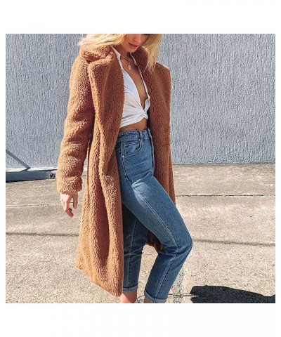 Women's Fuzzy Fleece Lapel Coats Winter Open Front Long Cardigan Faux Fur Warm Teddy Coat Solid Plush Jacket Outerwear Khaki ...