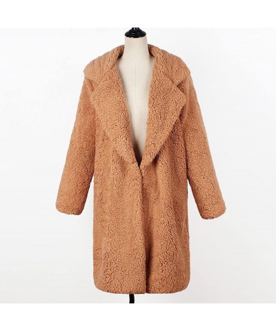 Women's Fuzzy Fleece Lapel Coats Winter Open Front Long Cardigan Faux Fur Warm Teddy Coat Solid Plush Jacket Outerwear Khaki ...