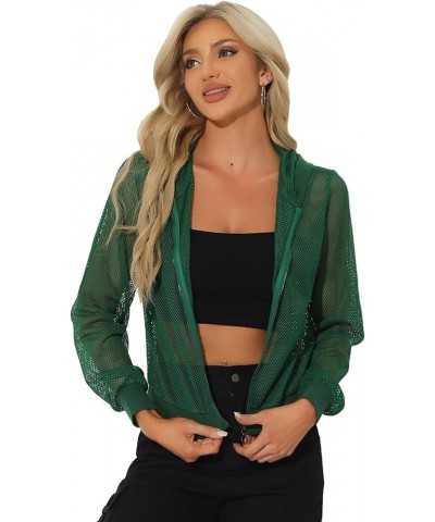 Hoodie Jacket for Women's 2024 Zip Up Long Sleeve Mesh Sheer Bomber Jackets Dark Green $14.51 Jackets