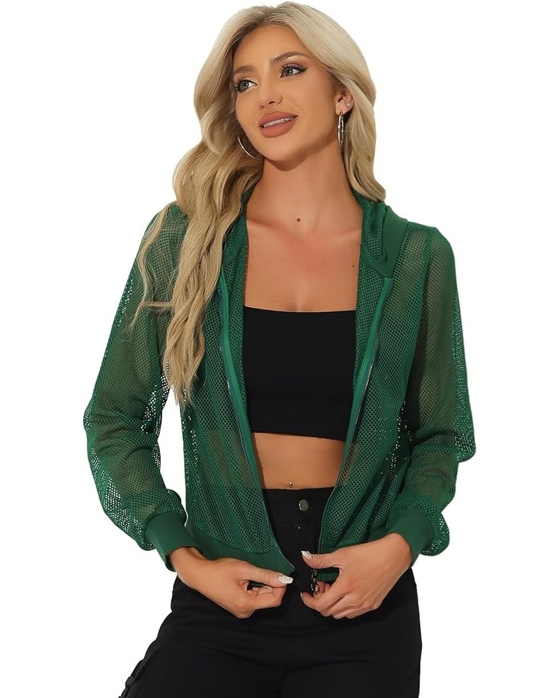 Hoodie Jacket for Women's 2024 Zip Up Long Sleeve Mesh Sheer Bomber Jackets Dark Green $14.51 Jackets