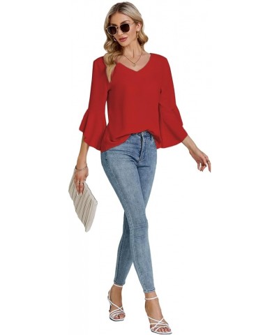 Women's Casual V Neck Ruffle Bell Half Sleeve Blouse Shirt Tunic Top Red $17.62 Blouses