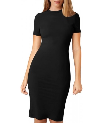 Women's Split Hem Round Neck Short Sleeve Knee Length Pencil Bodycon Dress Black $12.71 Dresses