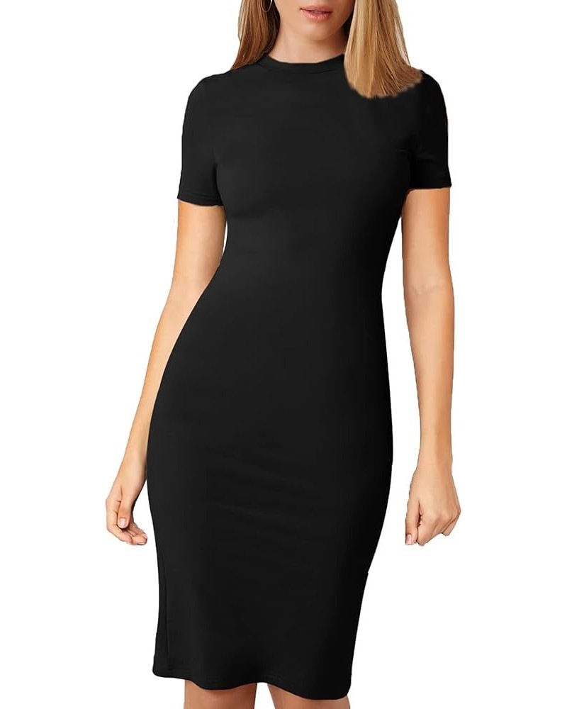 Women's Split Hem Round Neck Short Sleeve Knee Length Pencil Bodycon Dress Black $12.71 Dresses