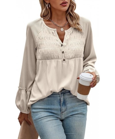 Women Long Sleeve Tops - Henley V Neck Shirt Casual Fall 2023 Solid Blouse Button Down Smocked Tunics Beige $16.49 Tops