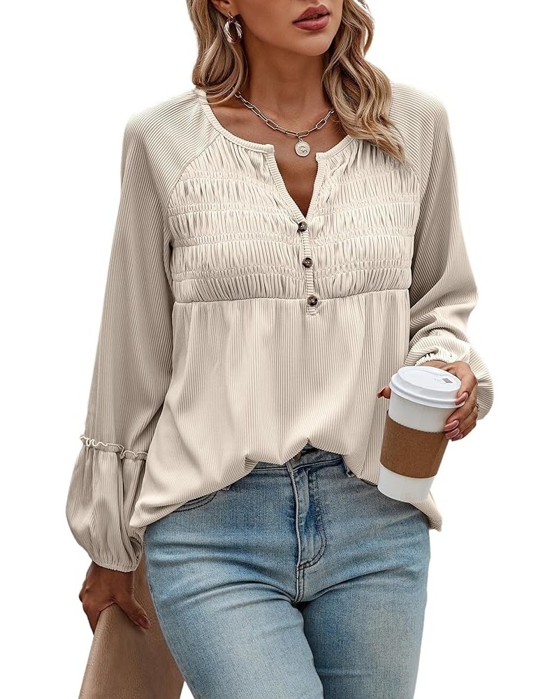 Women Long Sleeve Tops - Henley V Neck Shirt Casual Fall 2023 Solid Blouse Button Down Smocked Tunics Beige $16.49 Tops