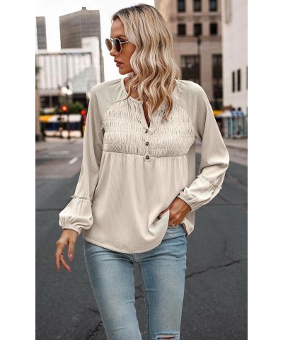 Women Long Sleeve Tops - Henley V Neck Shirt Casual Fall 2023 Solid Blouse Button Down Smocked Tunics Beige $16.49 Tops