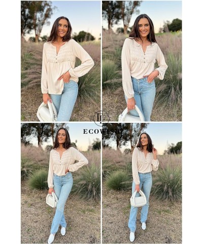 Women Long Sleeve Tops - Henley V Neck Shirt Casual Fall 2023 Solid Blouse Button Down Smocked Tunics Beige $16.49 Tops