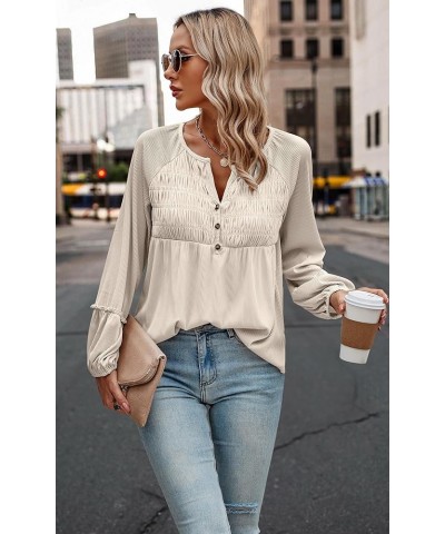 Women Long Sleeve Tops - Henley V Neck Shirt Casual Fall 2023 Solid Blouse Button Down Smocked Tunics Beige $16.49 Tops