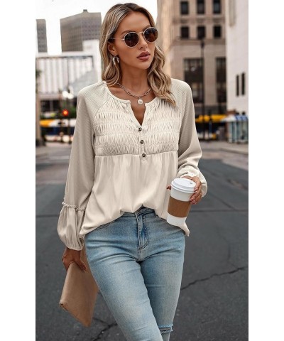 Women Long Sleeve Tops - Henley V Neck Shirt Casual Fall 2023 Solid Blouse Button Down Smocked Tunics Beige $16.49 Tops