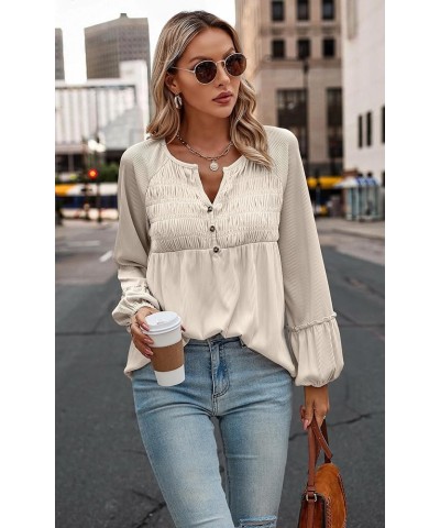 Women Long Sleeve Tops - Henley V Neck Shirt Casual Fall 2023 Solid Blouse Button Down Smocked Tunics Beige $16.49 Tops