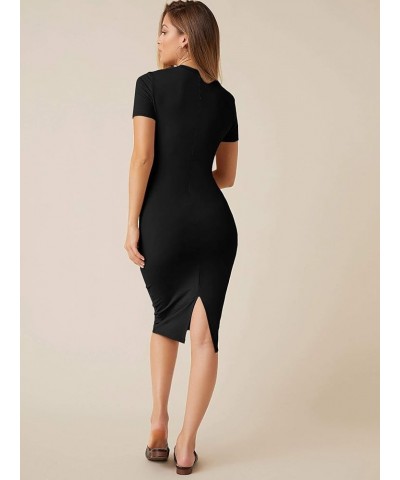 Women's Split Hem Round Neck Short Sleeve Knee Length Pencil Bodycon Dress Black $12.71 Dresses