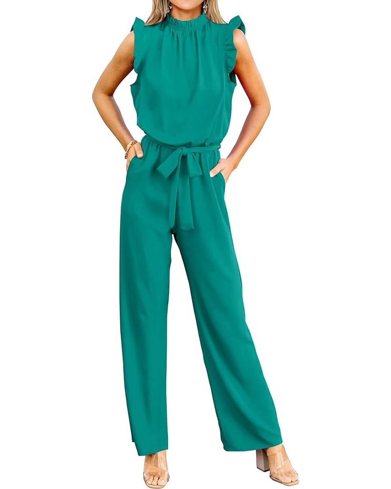 Jumpsuits For Women Summer Dressy One Piece Sleeveless Ruffle Mock Neck Belt Pockets Formal Wide Leg Pants Romper Lake Blue $...