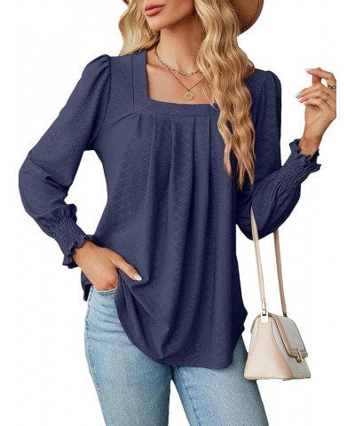 Women's Casual Square Neck T Shirts Dressy Smocked Puff Long Sleeve Tops Loose Pleated Tunic Blouses Navy $10.44 Tops