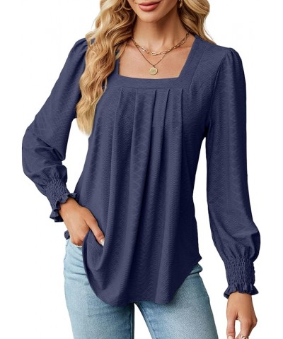 Women's Casual Square Neck T Shirts Dressy Smocked Puff Long Sleeve Tops Loose Pleated Tunic Blouses Navy $10.44 Tops