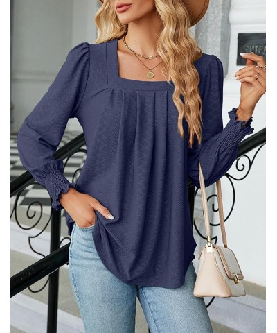 Women's Casual Square Neck T Shirts Dressy Smocked Puff Long Sleeve Tops Loose Pleated Tunic Blouses Navy $10.44 Tops