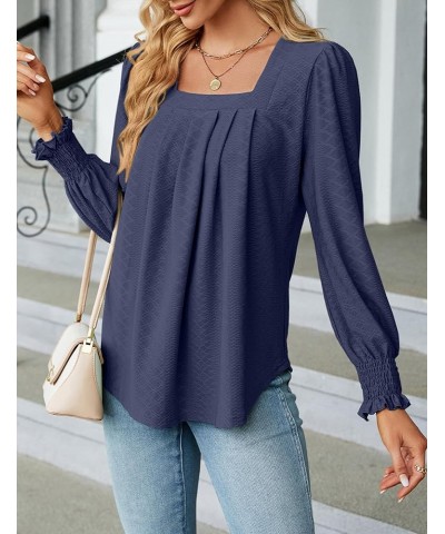 Women's Casual Square Neck T Shirts Dressy Smocked Puff Long Sleeve Tops Loose Pleated Tunic Blouses Navy $10.44 Tops