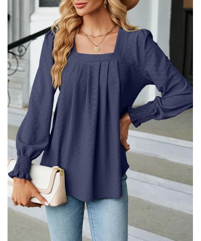 Women's Casual Square Neck T Shirts Dressy Smocked Puff Long Sleeve Tops Loose Pleated Tunic Blouses Navy $10.44 Tops