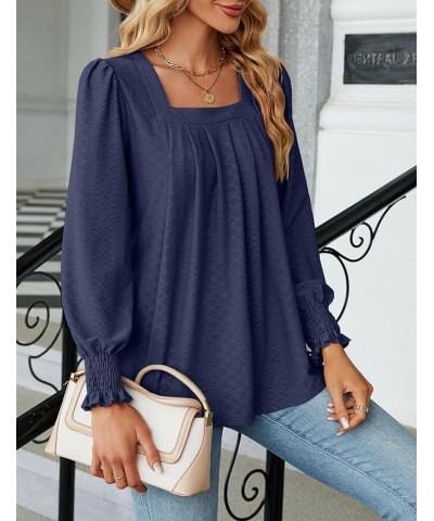 Women's Casual Square Neck T Shirts Dressy Smocked Puff Long Sleeve Tops Loose Pleated Tunic Blouses Navy $10.44 Tops