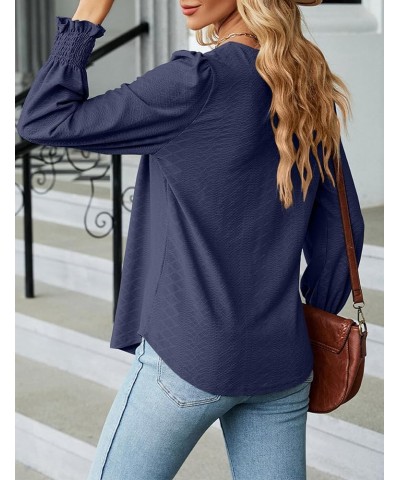 Women's Casual Square Neck T Shirts Dressy Smocked Puff Long Sleeve Tops Loose Pleated Tunic Blouses Navy $10.44 Tops