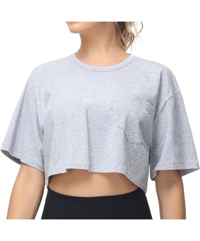 Women's Workout Crop Tops Short Sleeve Boxy Oversized T-Shirts with Pockets Heather Grey $13.43 T-Shirts