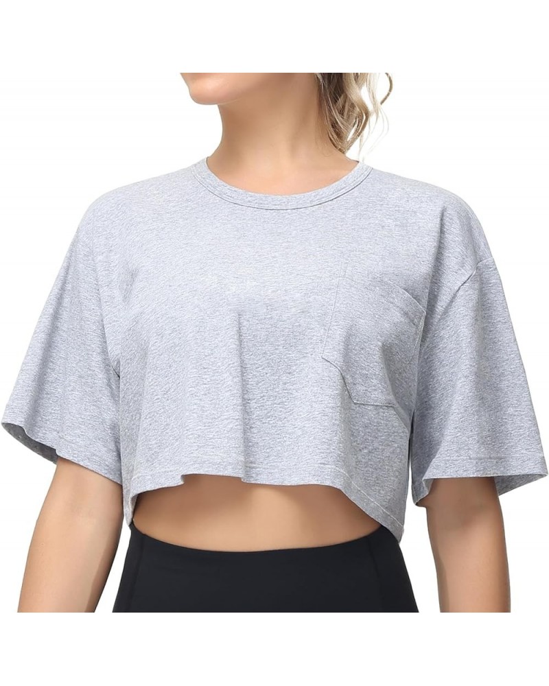 Women's Workout Crop Tops Short Sleeve Boxy Oversized T-Shirts with Pockets Heather Grey $13.43 T-Shirts