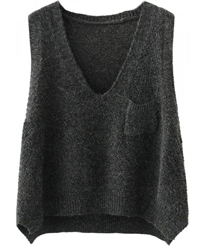 Women's Boxy Solid Color Low V Neck Marled Knitted Sweater Vest Tops Dark Grey $13.12 Sweaters