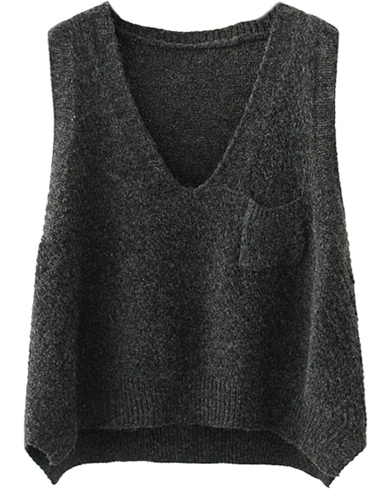 Women's Boxy Solid Color Low V Neck Marled Knitted Sweater Vest Tops Dark Grey $13.12 Sweaters