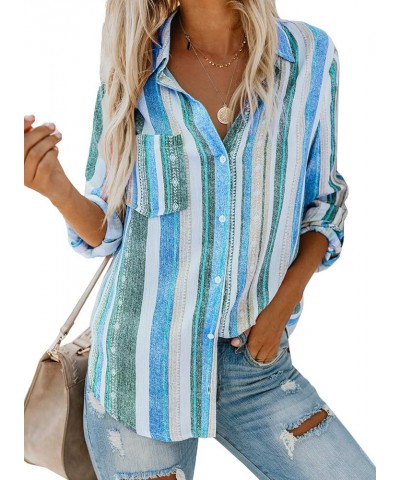 Womens V Neck Striped Roll up Sleeve Button Down Blouses Top Blue $20.28 Blouses