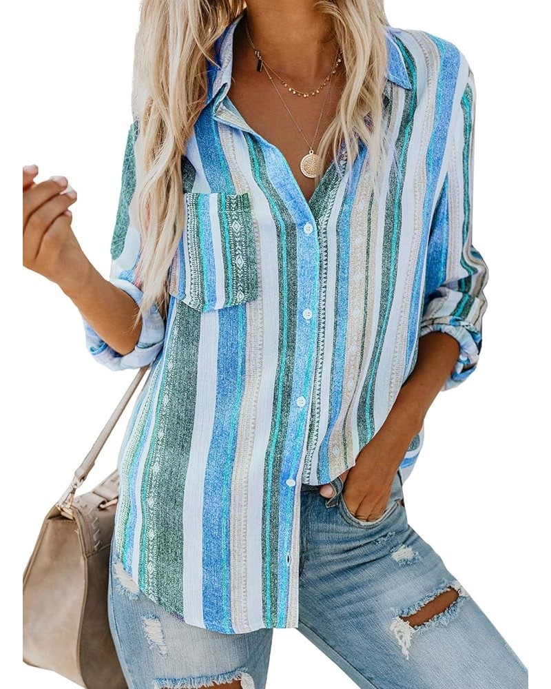 Womens V Neck Striped Roll up Sleeve Button Down Blouses Top Blue $20.28 Blouses