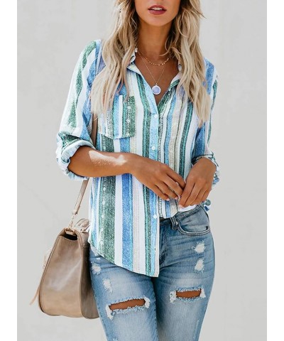 Womens V Neck Striped Roll up Sleeve Button Down Blouses Top Blue $20.28 Blouses