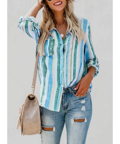 Womens V Neck Striped Roll up Sleeve Button Down Blouses Top Blue $20.28 Blouses