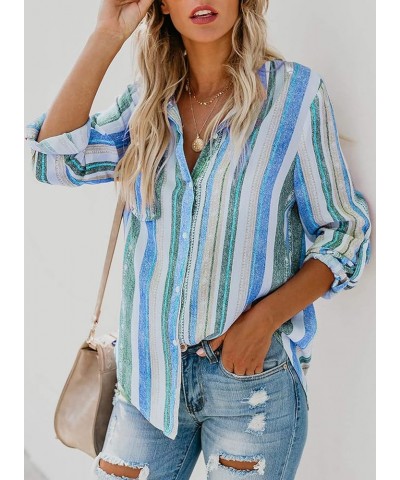 Womens V Neck Striped Roll up Sleeve Button Down Blouses Top Blue $20.28 Blouses