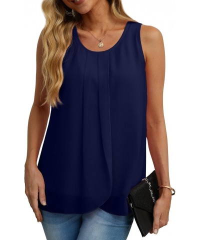 Womens Summer Tank Tops Sleeveless Chiffon Double Layers Blouse Loose Round Neck Casual Shirts 06 Navy Blue $17.99 Tanks