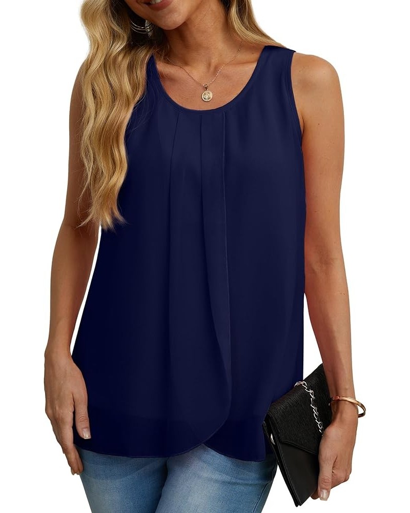 Womens Summer Tank Tops Sleeveless Chiffon Double Layers Blouse Loose Round Neck Casual Shirts 06 Navy Blue $17.99 Tanks